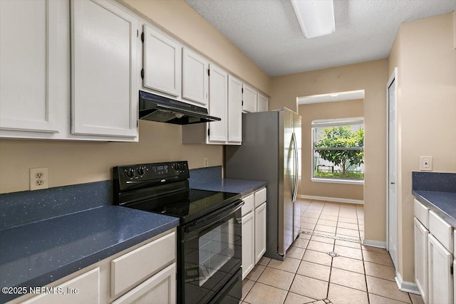 kitchen with black electric range oven, under cabinet range hood, white cabinets, dark countertops, and light tile patterned floors