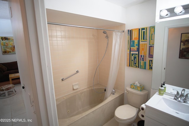 full bath featuring shower / bath combo with shower curtain, toilet, tile patterned floors, and vanity