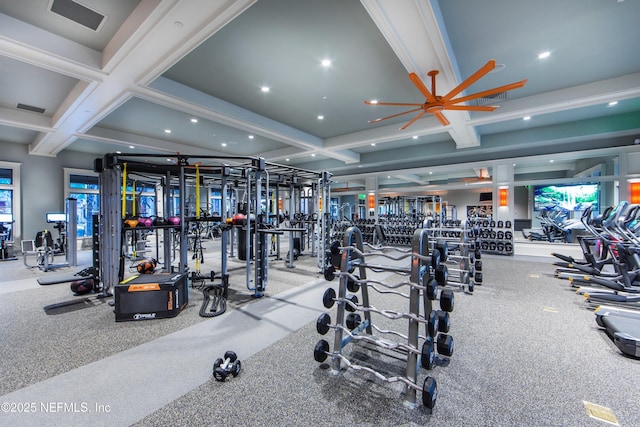 exercise room with coffered ceiling, beam ceiling, and recessed lighting