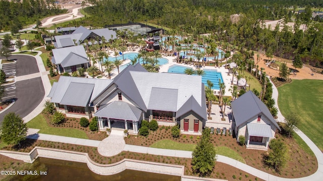 drone / aerial view of a pool