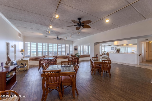 3350 S Fletcher Ave Unit D5, Fernandina Beach, FL 32034 - dining room featuring ceiling fan, track lighting, wood finished floors, a textured ceiling, and crown molding
