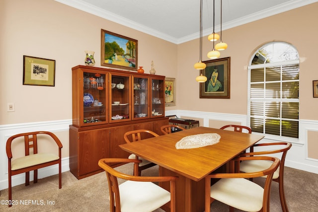 445 W Mill Chase Ct, Ponte Vedra Beach, FL 32082 - dining room with ornamental molding, light colored carpet, a wainscoted wall, and a decorative wall