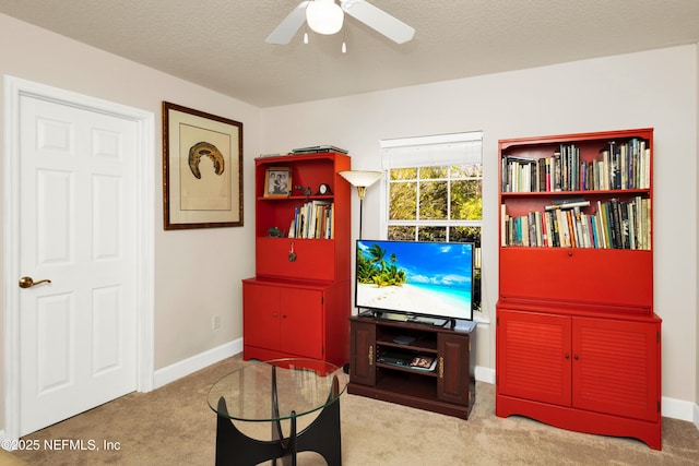 445 W Mill Chase Ct, Ponte Vedra Beach, FL 32082 - living area with carpet, ceiling fan, baseboards, and a textured ceiling