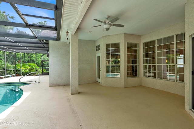 445 W Mill Chase Ct, Ponte Vedra Beach, FL 32082 - outdoor pool with a patio area, a ceiling fan, and glass enclosure