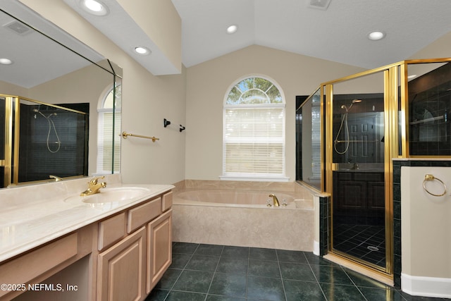 445 W Mill Chase Ct, Ponte Vedra Beach, FL 32082 - bathroom featuring a garden tub, vanity, lofted ceiling, a stall shower, and tile patterned flooring