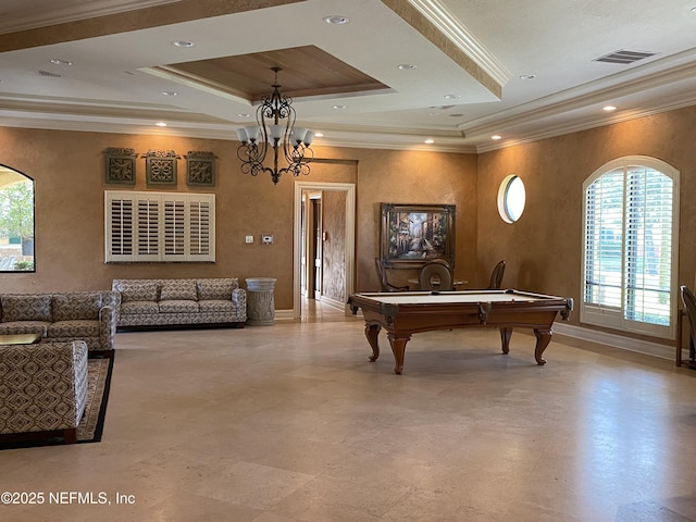 9745 Touchton Rd Unit 1929, Jacksonville, FL 32246 - rec room featuring plenty of natural light, crown molding, a chandelier, a raised ceiling, and pool table