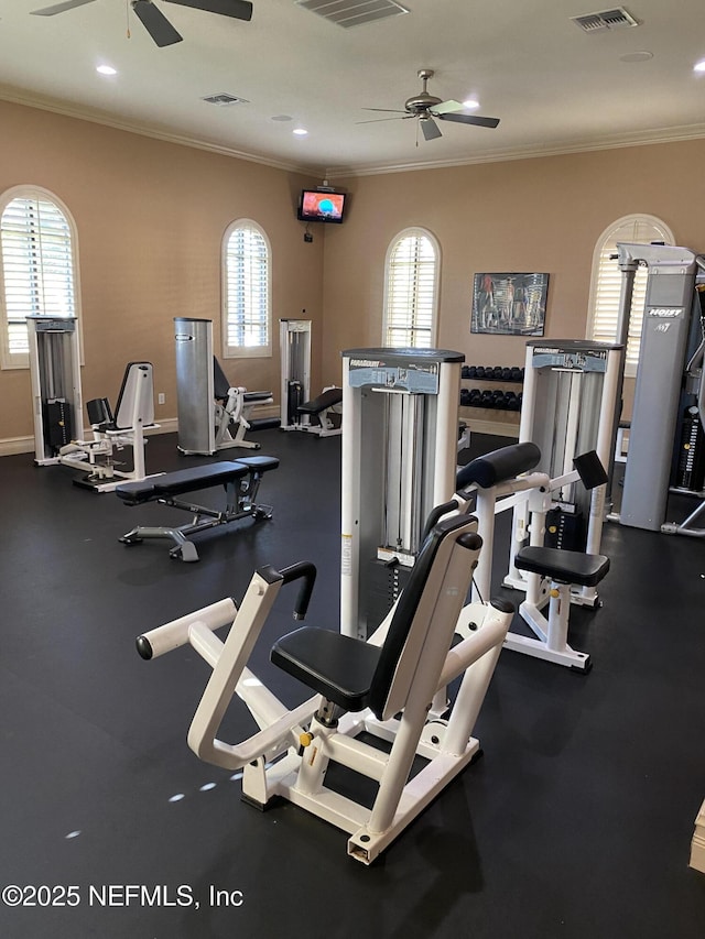 9745 Touchton Rd Unit 1929, Jacksonville, FL 32246 - gym featuring a ceiling fan, plenty of natural light, ornamental molding, and recessed lighting