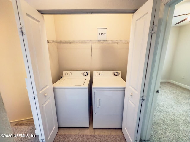 9745 Touchton Rd Unit 1929, Jacksonville, FL 32246 - laundry area featuring washer and dryer, ceiling fan, and carpet floors