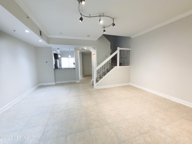9745 Touchton Rd Unit 1929, Jacksonville, FL 32246 - unfurnished living room with crown molding, stairs, and light tile patterned floors