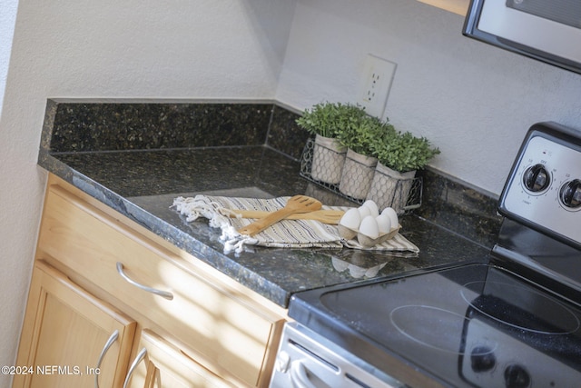 858 Shoreline Cir, Ponte Vedra Beach, FL 32082 - kitchen view of electric stove, dark countertops, light brown cabinets, and a textured wall