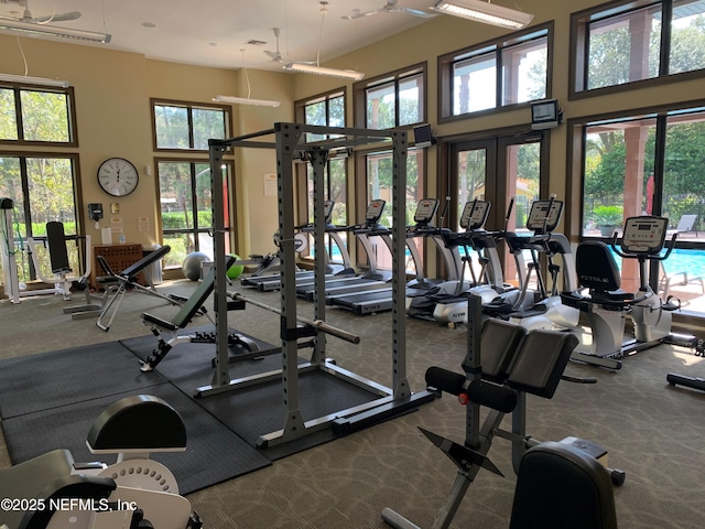 858 Shoreline Cir, Ponte Vedra Beach, FL 32082 - workout area with a high ceiling, carpet floors, plenty of natural light, and french doors