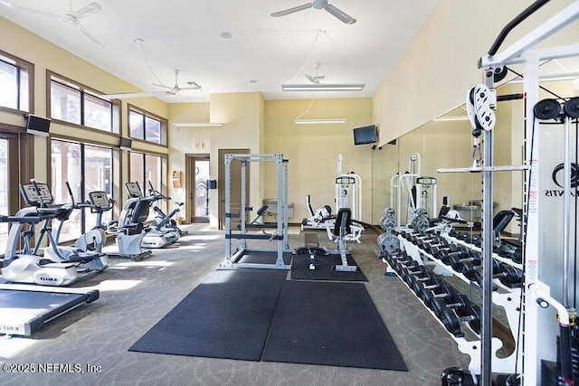 858 Shoreline Cir, Ponte Vedra Beach, FL 32082 - gym featuring ceiling fan and a towering ceiling