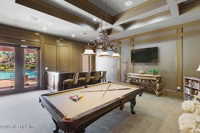 858 Shoreline Cir, Ponte Vedra Beach, FL 32082 - recreation room with a decorative wall, light colored carpet, crown molding, coffered ceiling, and pool table