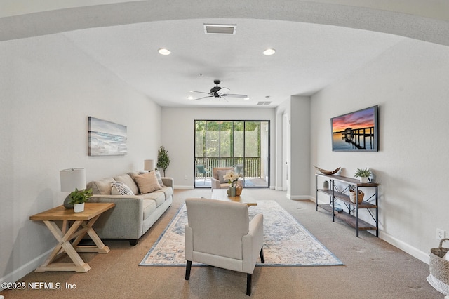 200 Paseo Terraza Unit 203, Saint Augustine, FL 32095 - living area with ceiling fan, baseboards, recessed lighting, and light colored carpet