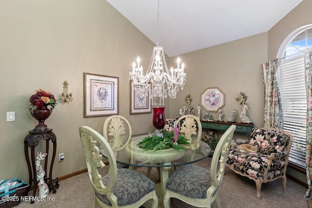 3041 Marrano Dr, Orange Park, FL 32073 - dining room featuring carpet floors, a chandelier, vaulted ceiling, and baseboards
