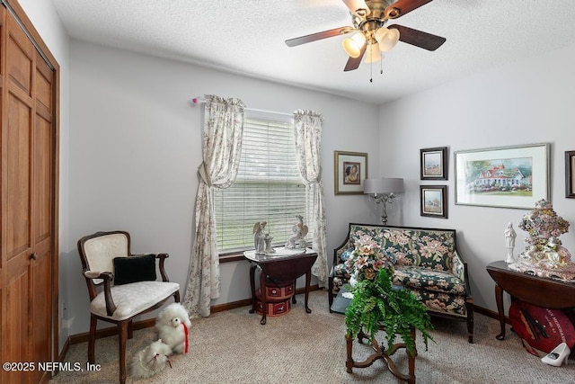 3041 Marrano Dr, Orange Park, FL 32073 - living area featuring carpet flooring, a ceiling fan, baseboards, and a textured ceiling