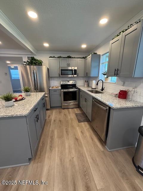 6845 Cherbourg Ave S, Jacksonville, FL 32205 - kitchen featuring appliances with stainless steel finishes, a sink, gray cabinets, plenty of natural light, and ornamental molding