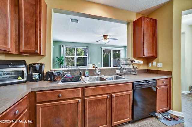 8672 Ribbon Falls Ln, Jacksonville, FL 32244 - kitchen featuring black dishwasher, a sink, ceiling fan, brown cabinets, and a textured ceiling
