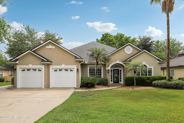 2260 Harbor Lake Dr, Fleming Island, FL 32003 - view of front of house with stucco siding, a garage, driveway, a front lawn, and a shingled roof