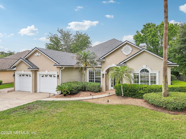 2260 Harbor Lake Dr, Fleming Island, FL 32003 - single story home featuring an attached garage, stucco siding, a front lawn, driveway, and a chimney