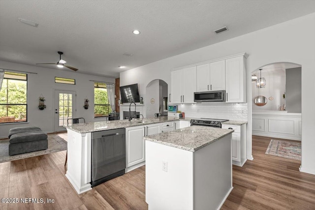 kitchen with appliances with stainless steel finishes, arched walkways, a peninsula, open floor plan, and ceiling fan