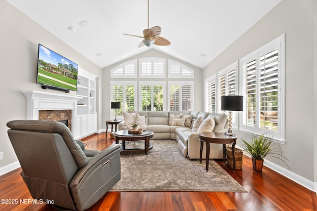 389 Summerset Dr, Saint Johns, FL 32259 - living room with a ceiling fan, hardwood / wood-style flooring, healthy amount of natural light, a high end fireplace, and vaulted ceiling