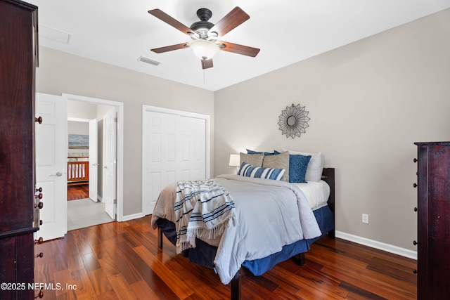 389 Summerset Dr, Saint Johns, FL 32259 - bedroom with wood finished floors, baseboards, a closet, and a ceiling fan