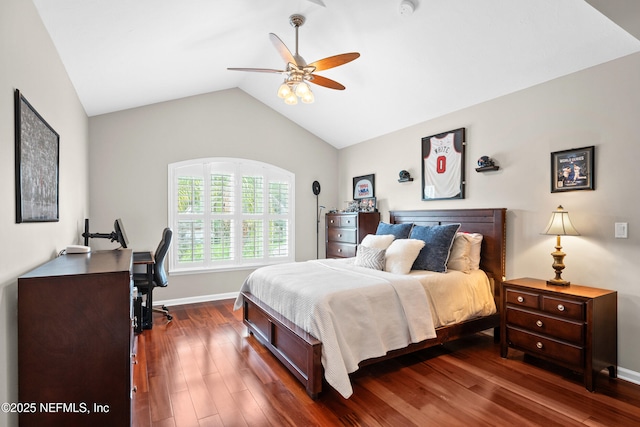 389 Summerset Dr, Saint Johns, FL 32259 - bedroom featuring dark wood-style floors, vaulted ceiling, a ceiling fan, and baseboards