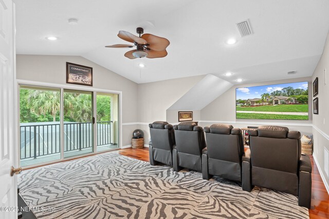 389 Summerset Dr, Saint Johns, FL 32259 - home theater room with ceiling fan, lofted ceiling, wood finished floors, and recessed lighting