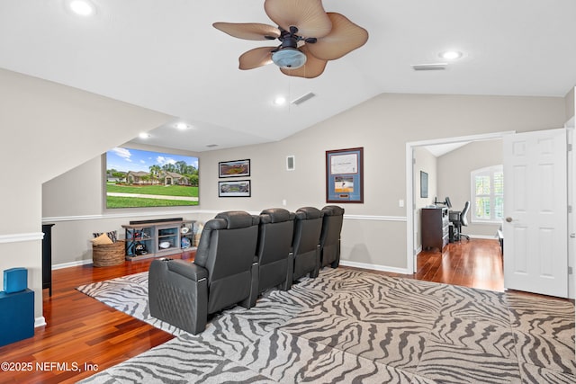 389 Summerset Dr, Saint Johns, FL 32259 - home theater room with wood finished floors, a ceiling fan, vaulted ceiling, recessed lighting, and baseboards