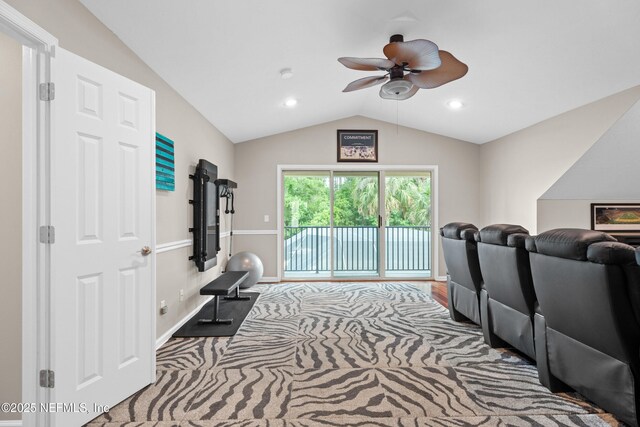 389 Summerset Dr, Saint Johns, FL 32259 - home theater room featuring vaulted ceiling, a ceiling fan, and baseboards