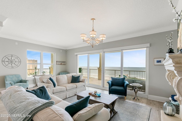 932 1st St N Unit 902, Jacksonville Beach, FL 32250 - living area with a chandelier, light wood-style floors, ornamental molding, baseboards, and a textured ceiling