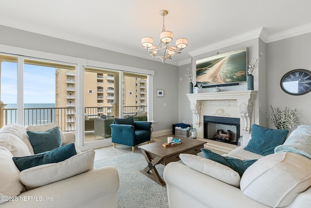 932 1st St N Unit 902, Jacksonville Beach, FL 32250 - living area with a chandelier, a water view, crown molding, healthy amount of natural light, and a premium fireplace
