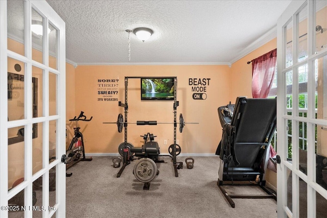 221 Thornloe Dr, Saint Johns, FL 32259 - workout room featuring french doors, baseboards, carpet flooring, ornamental molding, and a textured ceiling