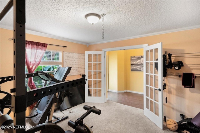 221 Thornloe Dr, Saint Johns, FL 32259 - exercise room featuring french doors, ornamental molding, carpet flooring, and a textured ceiling