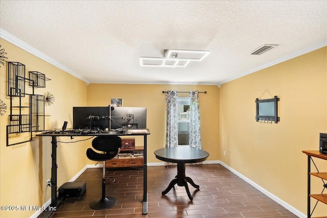 221 Thornloe Dr, Saint Johns, FL 32259 - office area featuring wood finish floors, ornamental molding, a textured ceiling, and baseboards
