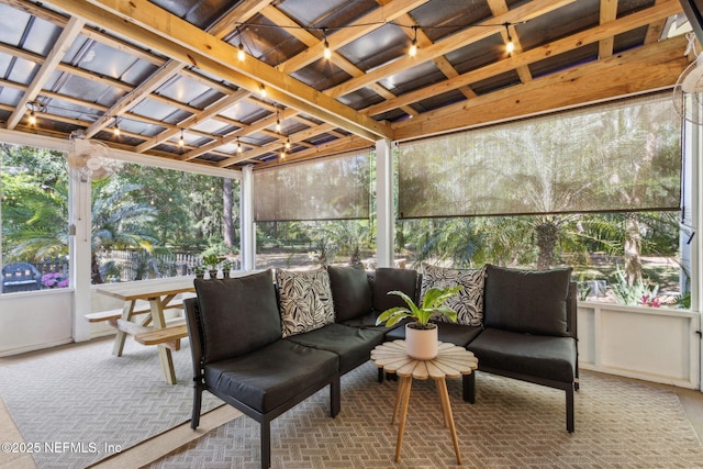 96448 Marsh Hen Rd, Fernandina Beach, FL 32034 - sunroom with outdoor lounge area and coffered ceiling