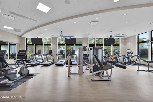 334 Continuum Loop, Yulee, FL 32097 - gym featuring ceiling fan, floor to ceiling windows, wood finished floors, and recessed lighting