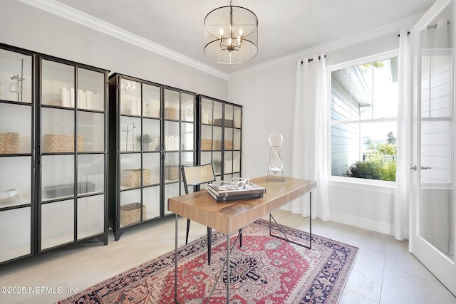 office with a chandelier, healthy amount of natural light, light tile patterned floors, and crown molding