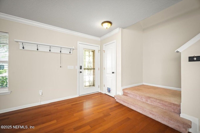 12198 Pebble Point Dr S, Jacksonville, FL 32218 - mudroom featuring wood finished floors, healthy amount of natural light, ornamental molding, baseboards, and a textured ceiling