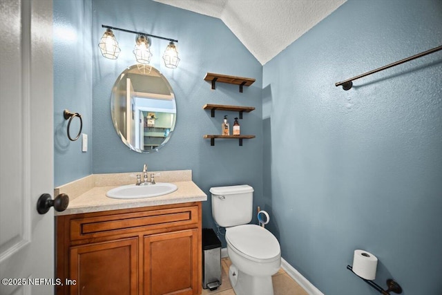 12198 Pebble Point Dr S, Jacksonville, FL 32218 - half bath with lofted ceiling, toilet, tile patterned flooring, vanity, and a textured ceiling