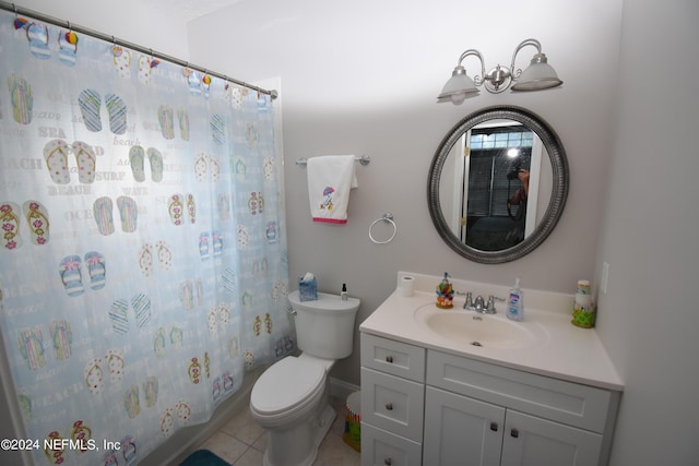 full bath with toilet, vanity, tile patterned floors, and a shower with curtain