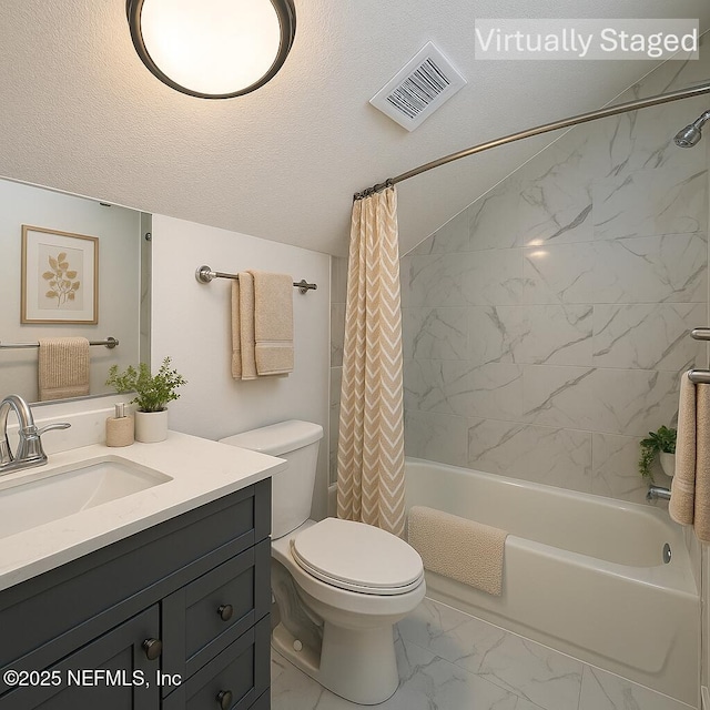 946 Cedar Ridge Ct, Orange Park, FL 32065 - full bathroom with marble finish floors, shower / bath combo with shower curtain, vanity, and toilet