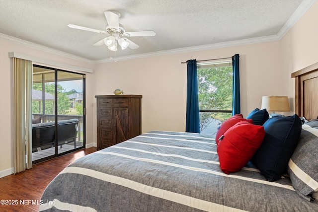 10200 Belle Rive Blvd Unit 136, Jacksonville, FL 32256 - bedroom with access to exterior, multiple windows, a textured ceiling, dark wood-style floors, and ornamental molding