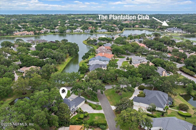 aerial view of residential area featuring a large body of water and a tree filled landscape