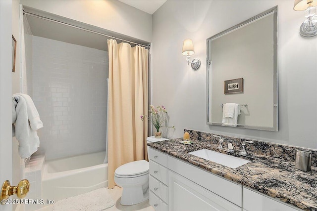 bathroom with toilet, vanity, and shower / bath combination with curtain