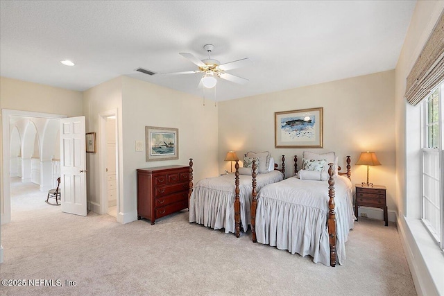 bedroom featuring light colored carpet, baseboards, ceiling fan, and recessed lighting