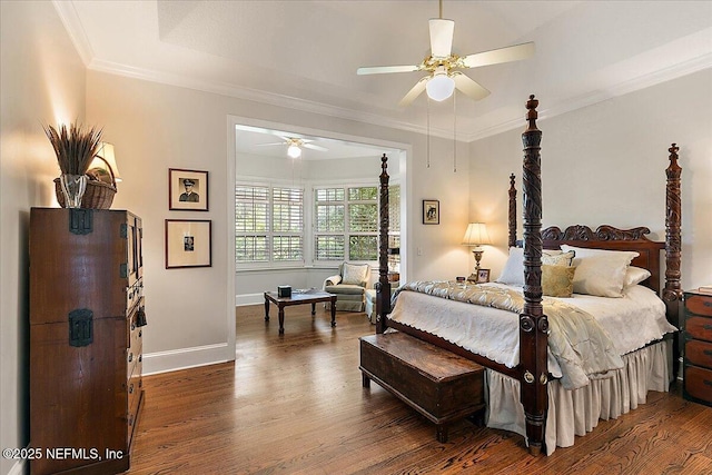 bedroom with wood finished floors, baseboards, ceiling fan, and crown molding