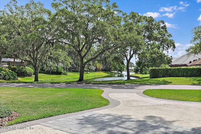 view of property's community with a water view and a yard