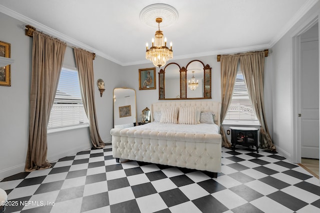 321 Varner Way, Saint Augustine, FL 32092 - bedroom featuring a chandelier, baseboards, multiple windows, ornamental molding, and light flooring
